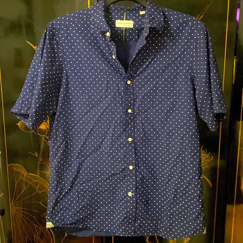 Howard & Crosby short sleeve blue with white polkadots button down shirt